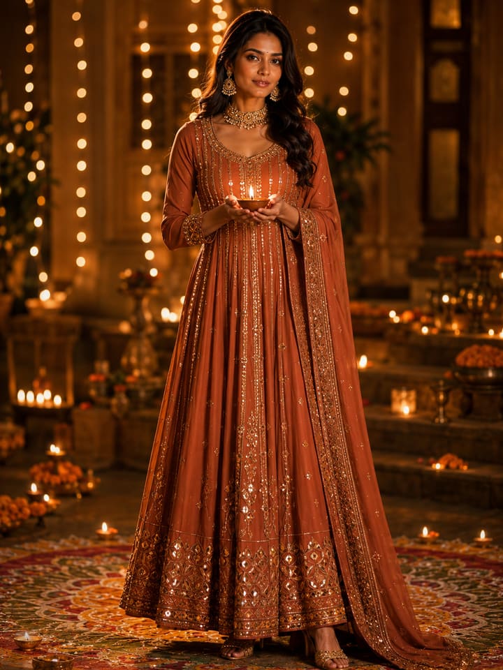 A copper festive lehenga with a sequinned dupatta, photographed among festival lights
