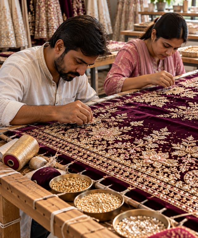 Artisans hand-embroidering zardozi work on a lehenga panel stretched across a wooden frame