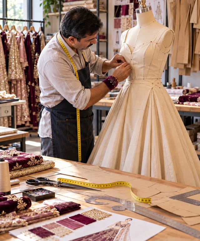 A pattern master fitting a muslin sample on a dress form, with paper patterns on the table