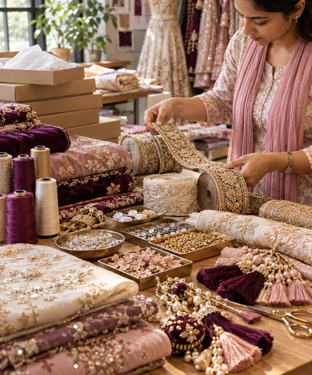 Fabric swatches, zari borders, lace, thread cones and embellishment trims laid out for selection