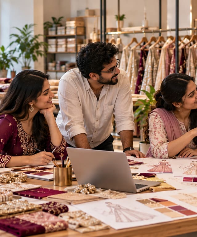 A master tailor pinning the fit of an ivory bridal lehenga on a client in a couture studio