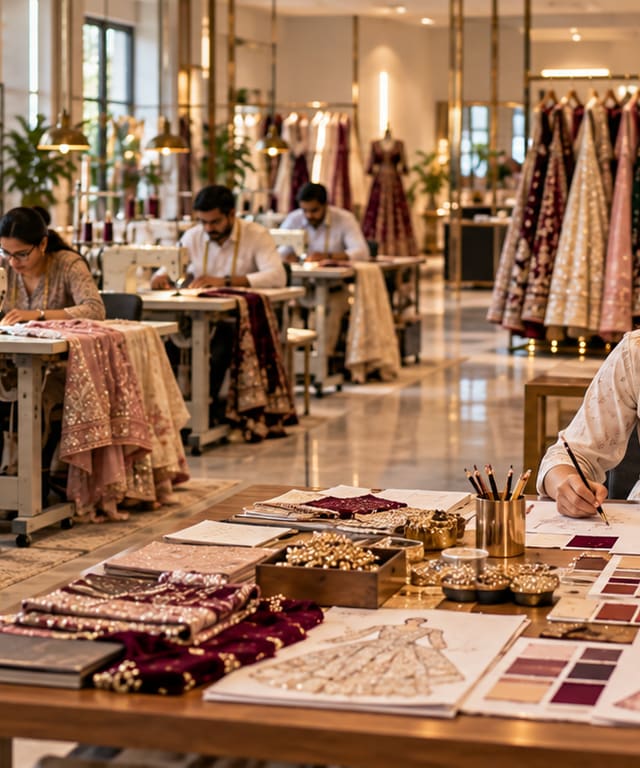 A fashion designer sketching a lehenga beside fabric swatches and embroidery samples