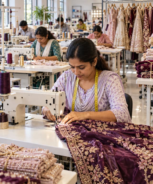 Tailors stitching occasion wear at sewing machines on a bright garment production floor