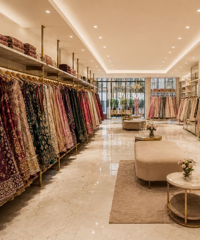 The Shreekama showroom in Noida, with rails of bridal and occasion wear along a marble aisle