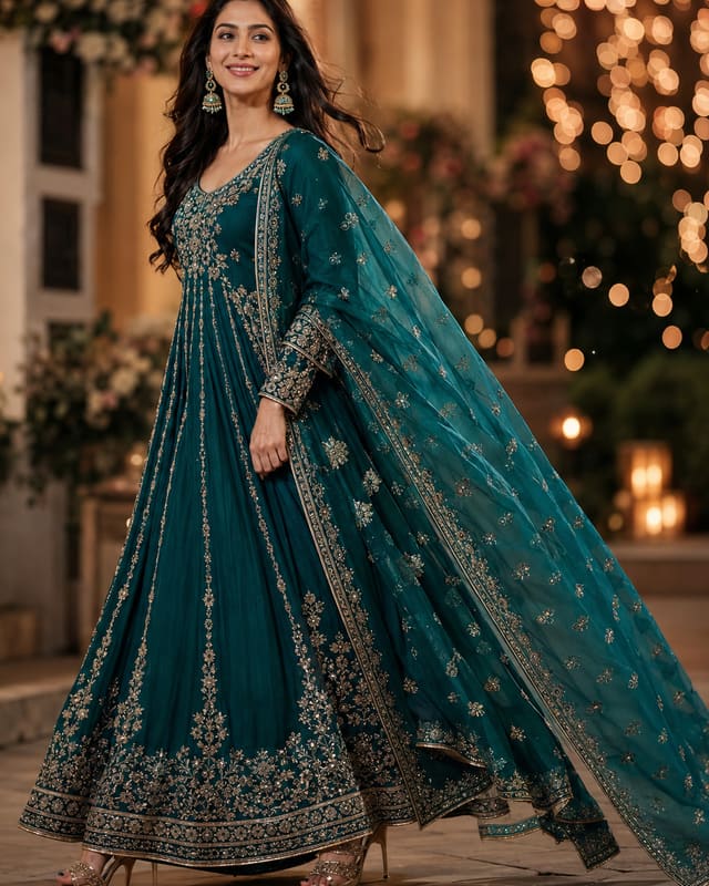 A teal embroidered anarkali with a matching dupatta