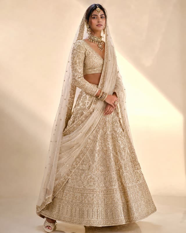 An ivory bridal lehenga with hand embroidery and a matching veil