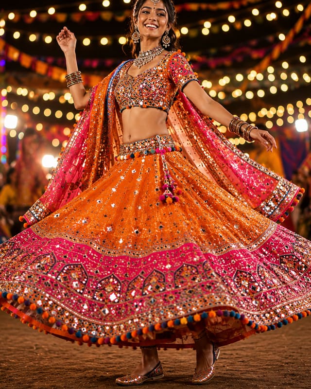 A festive Navratri lehenga with mirror work and a bright dupatta, caught mid-turn