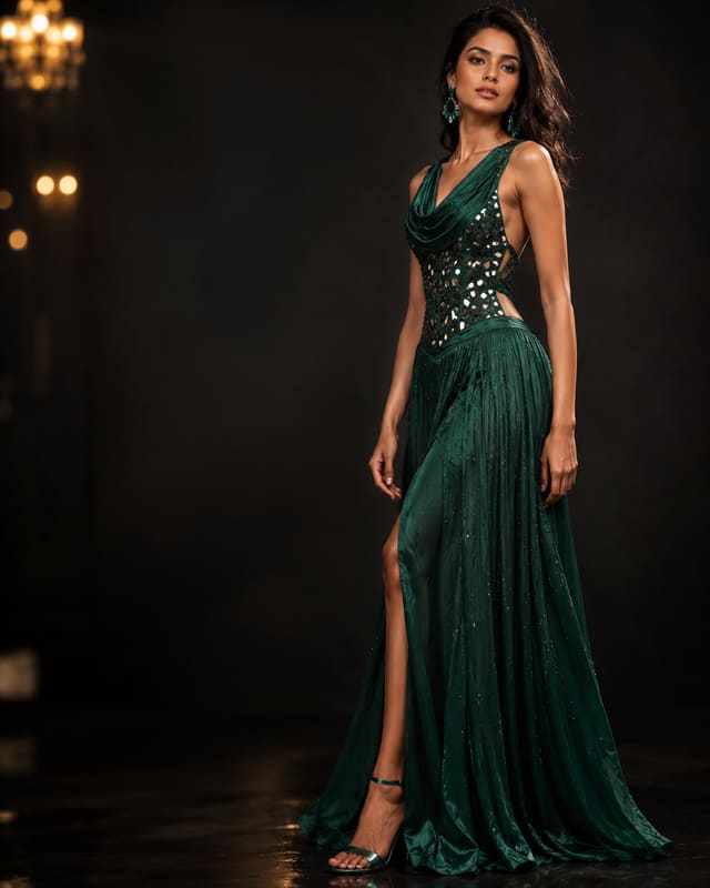 An emerald draped and embellished gown
