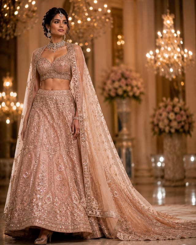 A blush embroidered reception lehenga with a long trail