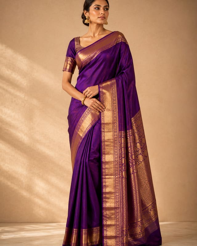A deep purple silk saree with a woven gold zari border